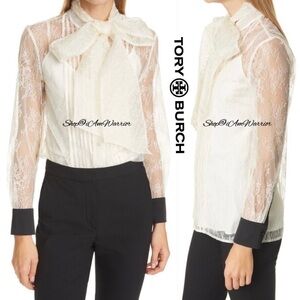 Tory Burch NWT ivory eyelash lace tie-neck blouse with contrast black cuffs